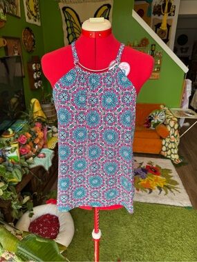 Vintage Y2K Sleeveless High-Neck Floral Print Tank Top in Teal & Pink
